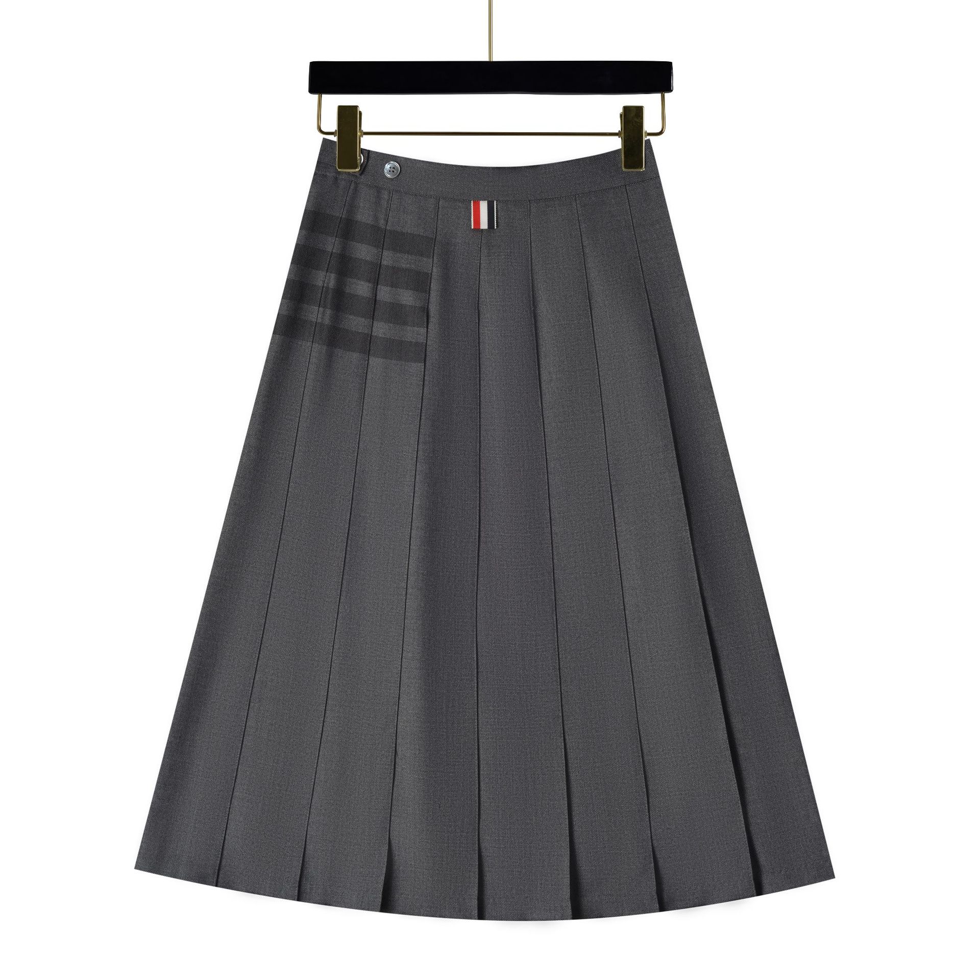 tb女士夏季新款百褶裙中高腰经典灰白四杠长款半身裙时尚显瘦裙子