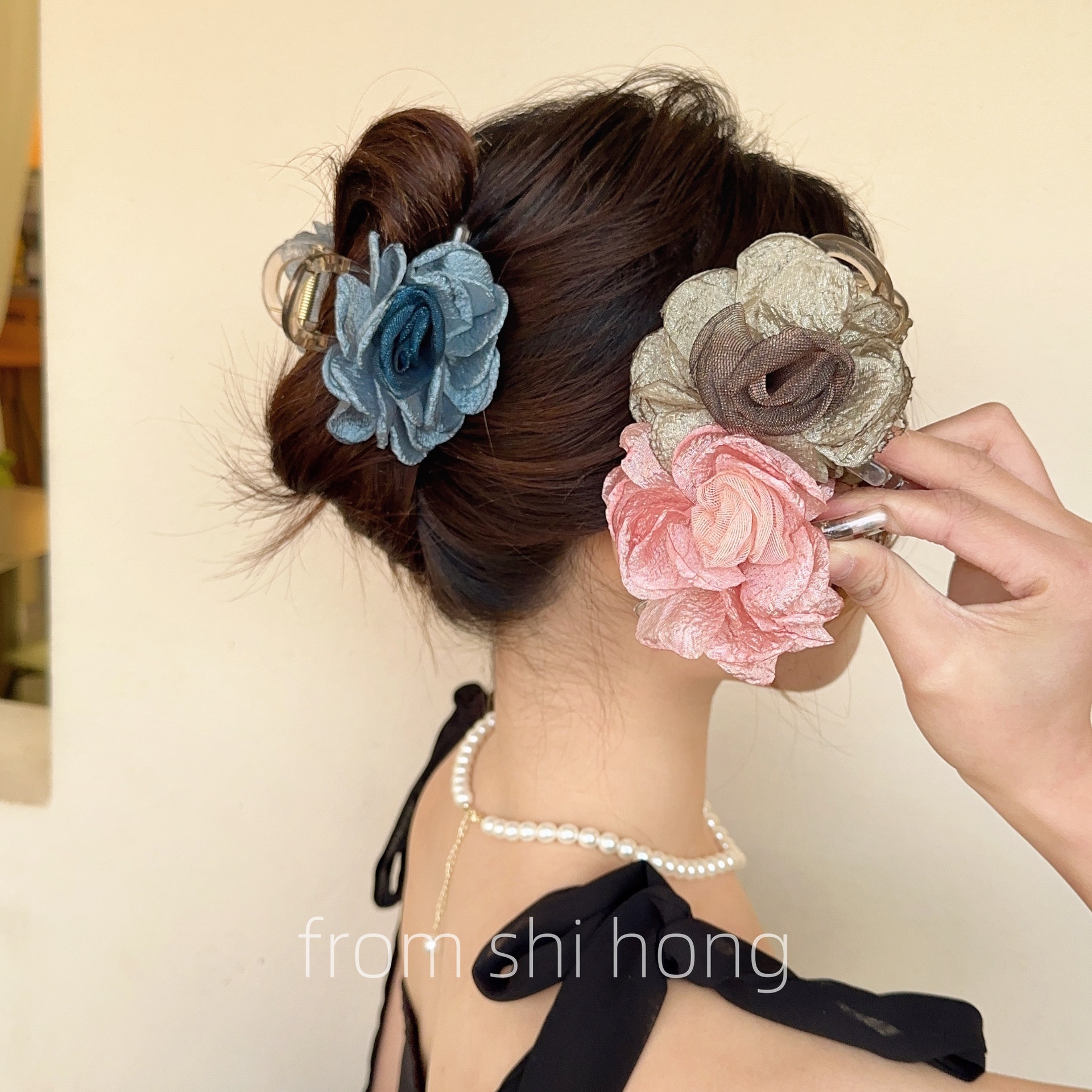 mori style mesh rose barrettes flower hair clip female sense shark clip hair accessories