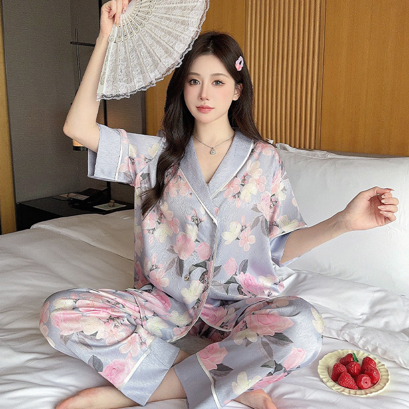 新款睡衣女夏季中国风冰雪丝七分袖宽松两件套装薄款丝绸家居服