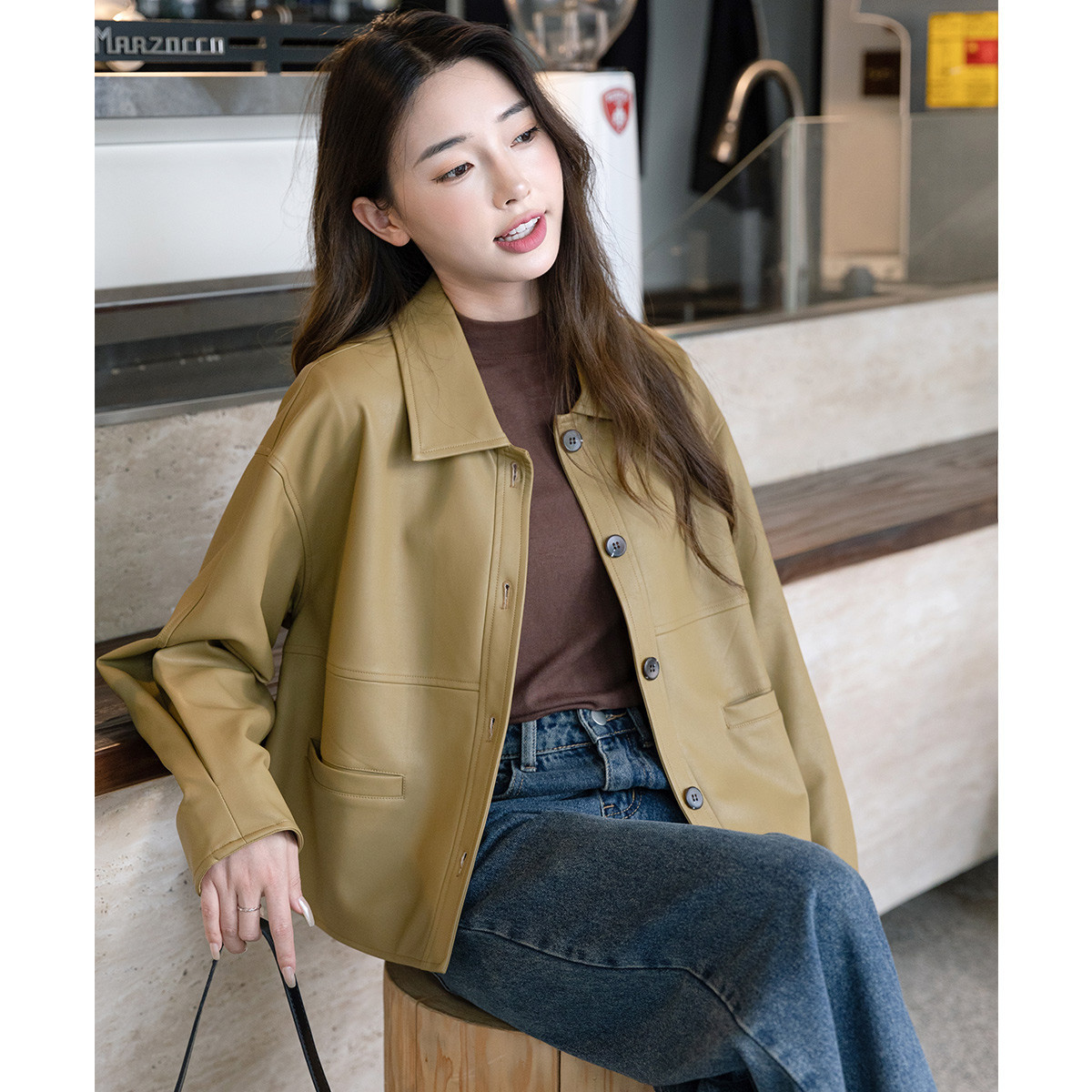 短款皮衣秋款复古港风宽松长袖正肩短款皮衣夹克外套女可t牌-阿里巴巴