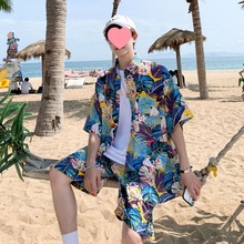 夏季沙滩套装男花衬衫时尚休闲运动夏威夷情侣海边旅游度假两件套