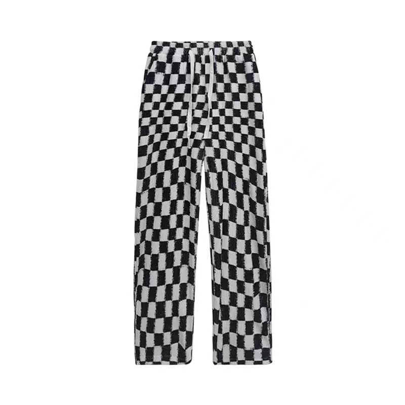 Chessboard Plaid Wide-Leg Pants for Women Spring and Autumn 2022 New High Waist Loose Straight Casual Mop Plaid Velvet Pants