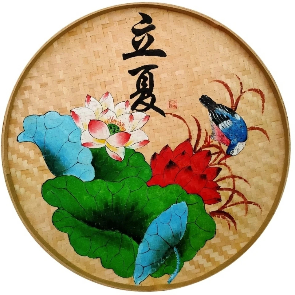 竹编工艺田园风格农耕文化竹筐画手绘画圆簸箕画乡村振兴挂画装饰