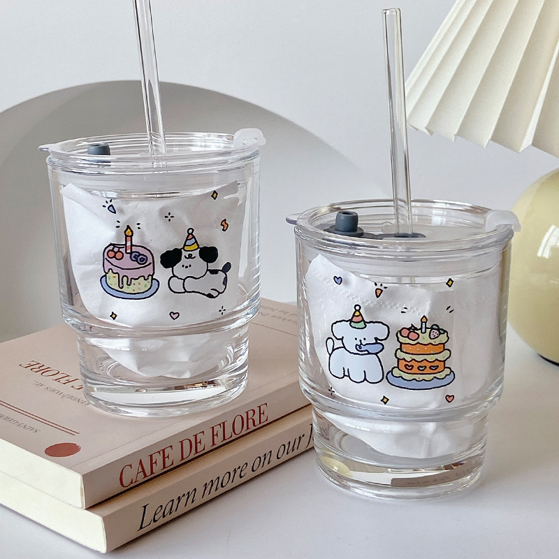 Thermal Transfer Printing Japanese and Korean Ins Glass Straw Cup Cake Puppy Water Cup Student Drinking Cup Glass Wholesale
