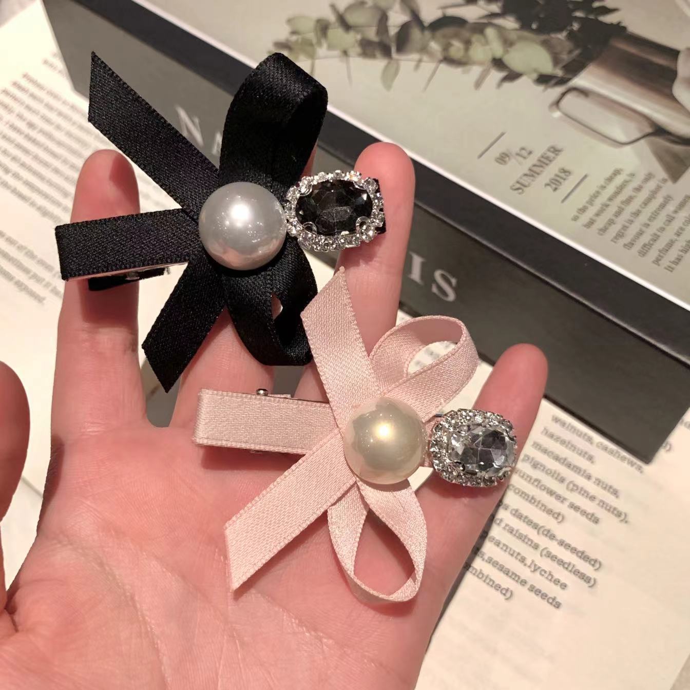 韩版粉色蝴蝶结水钻仿珍珠甜美侧边刘海夹碎发夹发饰女鸭嘴夹发夹