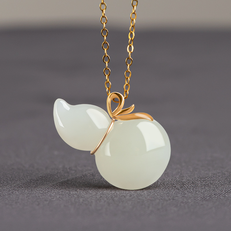 天然老料和田玉白玉葫芦吊坠正品18k金镶玉石男士项链女款挂件