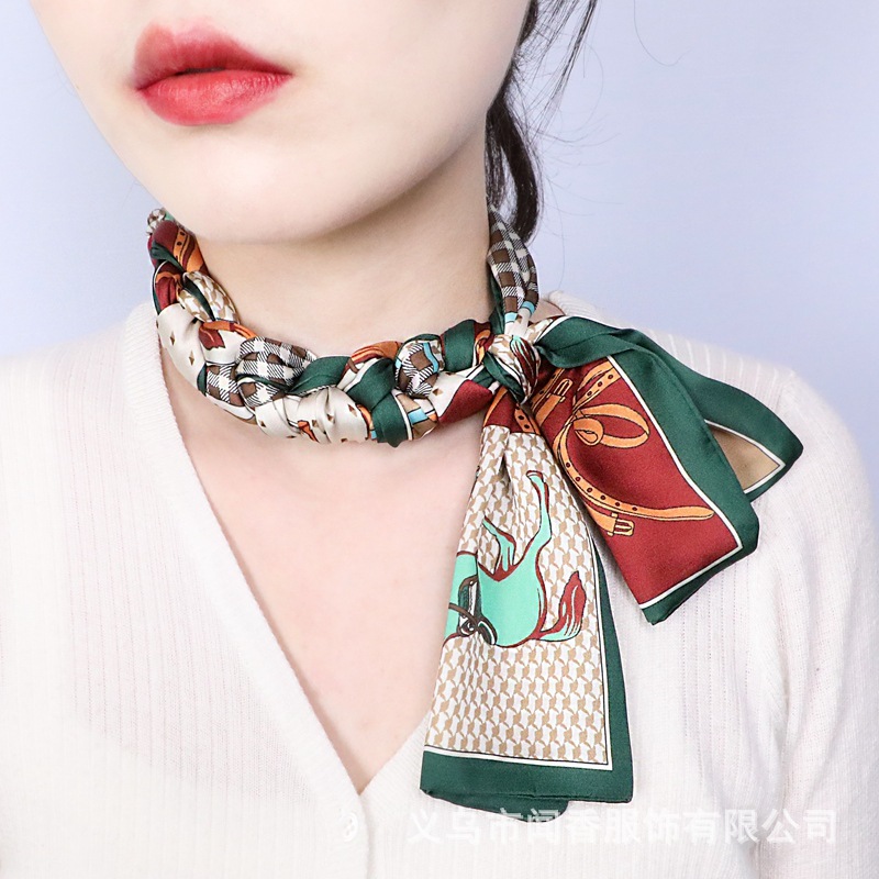 Light Luxury Brands Silk Scarf Hair Band Women's Double-Sided Elegant Long Soft Decorative Ribbon Small Scarf Brocade Satin Bandage New