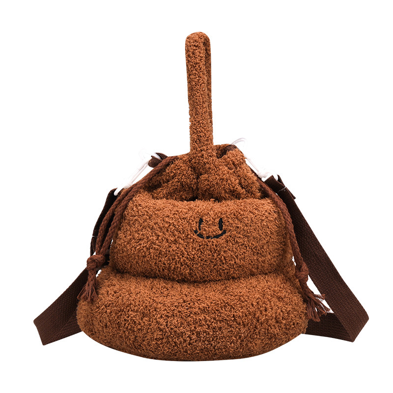 Creative Plush Poop Bag Gourd Shoulder Bag Drawstring Closed Furry Bag Smiley Face Handbag Funny Bag Women's Bag