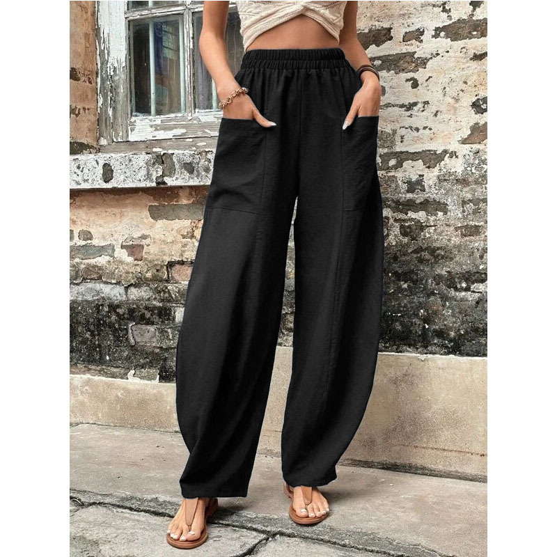 Wish Independent Station Amazon Cross-Border Hot Women's Pants Solid Color Pocket Women's Casual Trousers Trousers with an Elasticated Waist Trousers