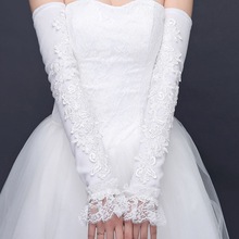 新娘主婚纱手套长款缎面蕾丝花边结婚白色手套高级婚礼袖套蝴蝶结