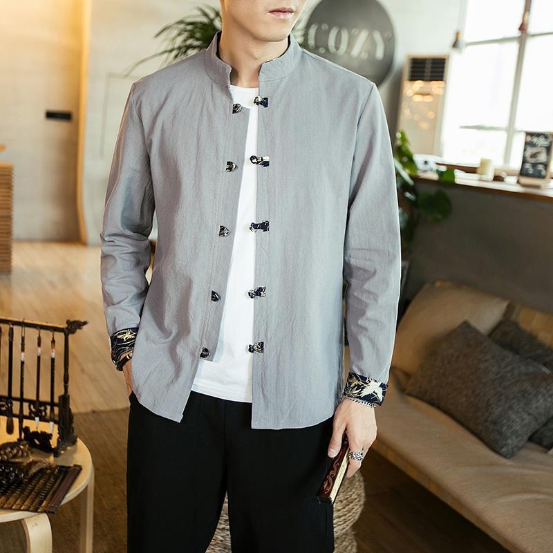 春季新款男士长袖衬衫宽松潮流大码唐装立领外套新中式中山装上衣