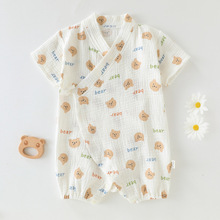 纯棉纱布哈衣夏季婴儿连体衣薄款系带宝宝和尚服短袖家居爬服柔软