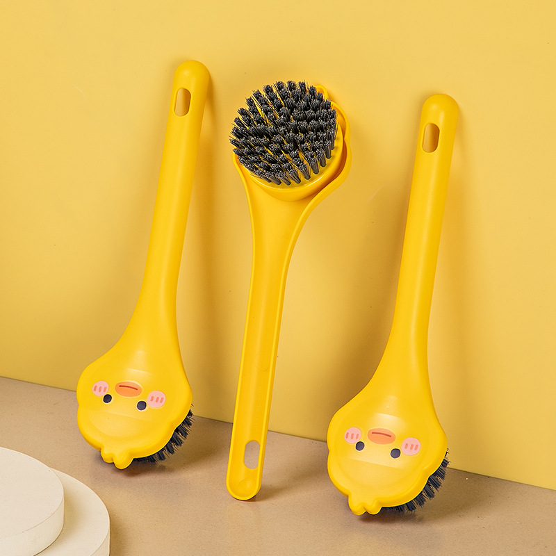 X116 Small Yellow Duck Dish Brush Long Handle Kitchen Dishwashing Cleaning Ball Brush Cup Brush Cute Duck Brush Pot Pool Cleaning God