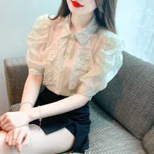 实拍现货2023夏季新款韩版短袖钉珠泡泡袖缎面衬衫女超仙的雪纺衫