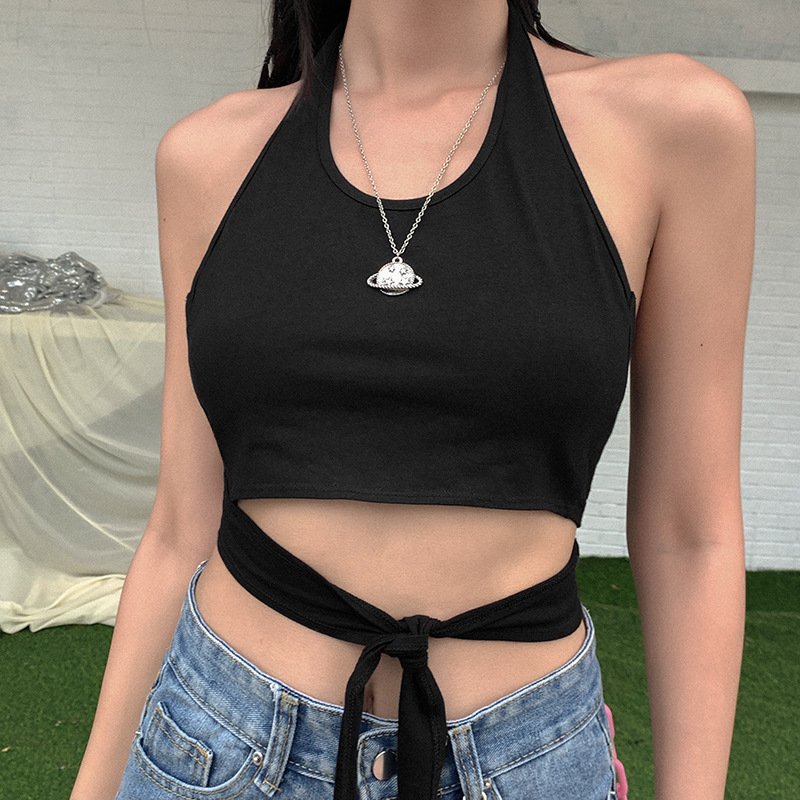 kliou 心机挂脖吊带性感露背超辣短款绑带收腰运动休闲小上衣女夏