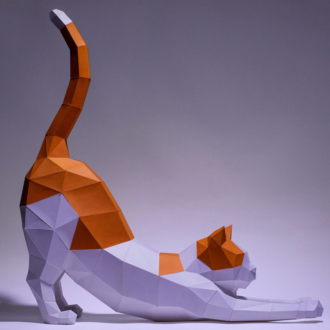 欧美创意3d纸模 伸懒腰的猫 diy材料纸质摆件手工制作