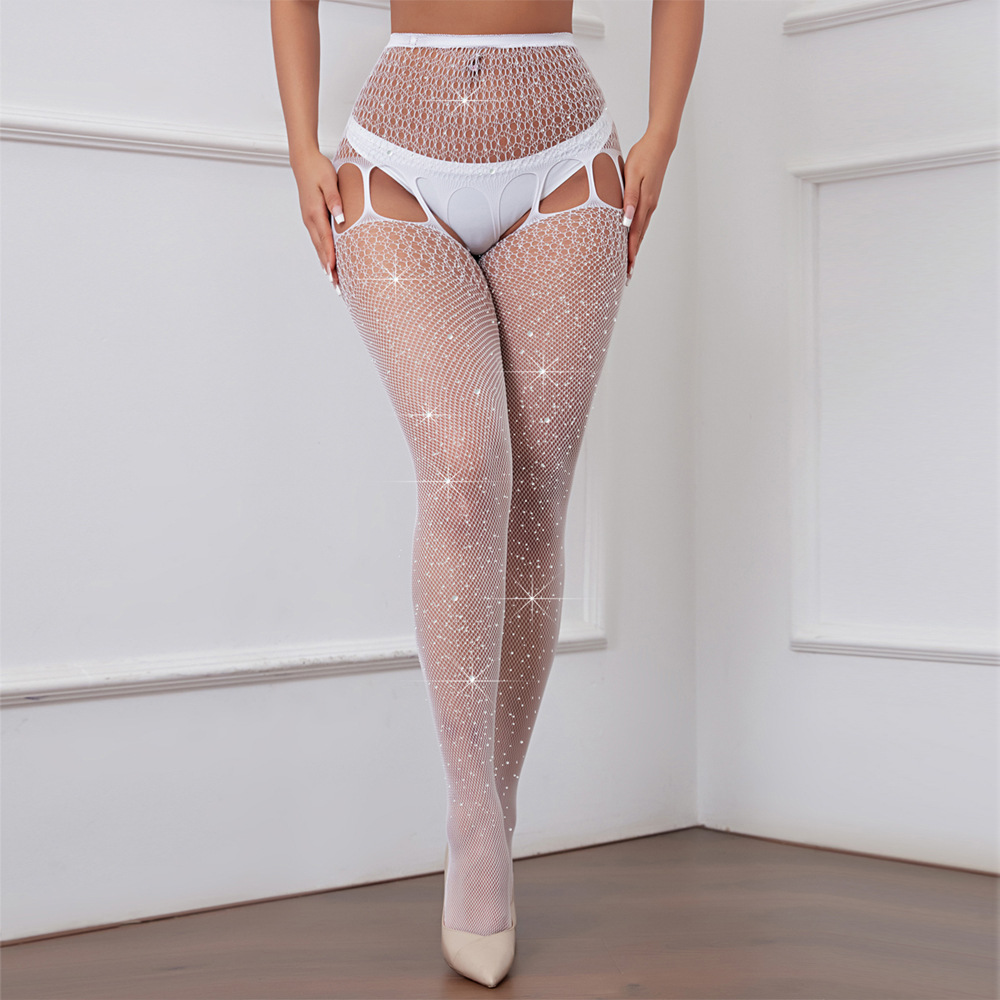 Beautiful Sexy Lingerie Rhinestone Stockings Four-Side Open Garter Bikini Set Web Pants Stockings W48