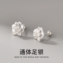 S999银玫瑰花小众设计感耳骨钉法式小香风拧螺丝气质养耳洞耳饰品