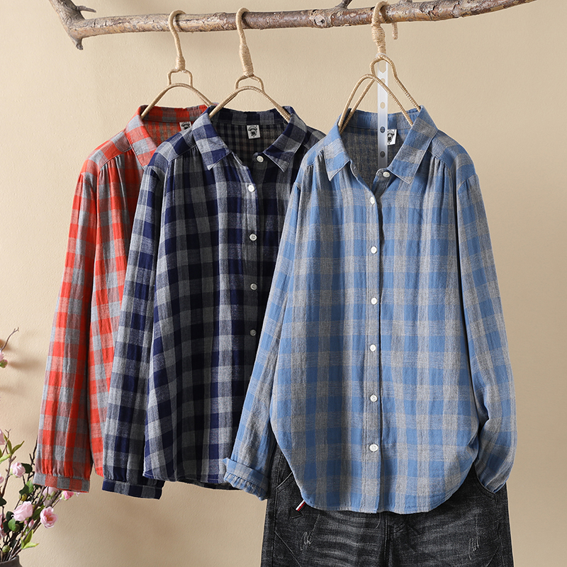 高品质韩国纯棉小格子长袖衬衫女式春秋宽松复古上衣翻领减龄衬衣