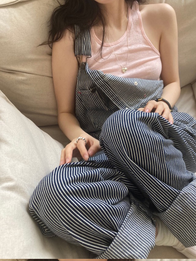 现货】2024年春季新品韩国东大门通勤竖条纹休闲背带裤pt10286