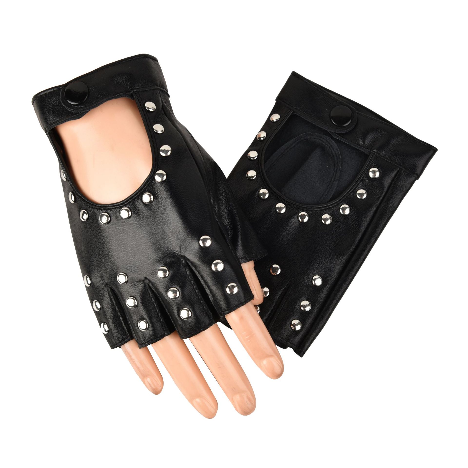 韩式演出手套舞蹈铆钉仿皮弹力女士半指手套性感街舞夜店朋克风