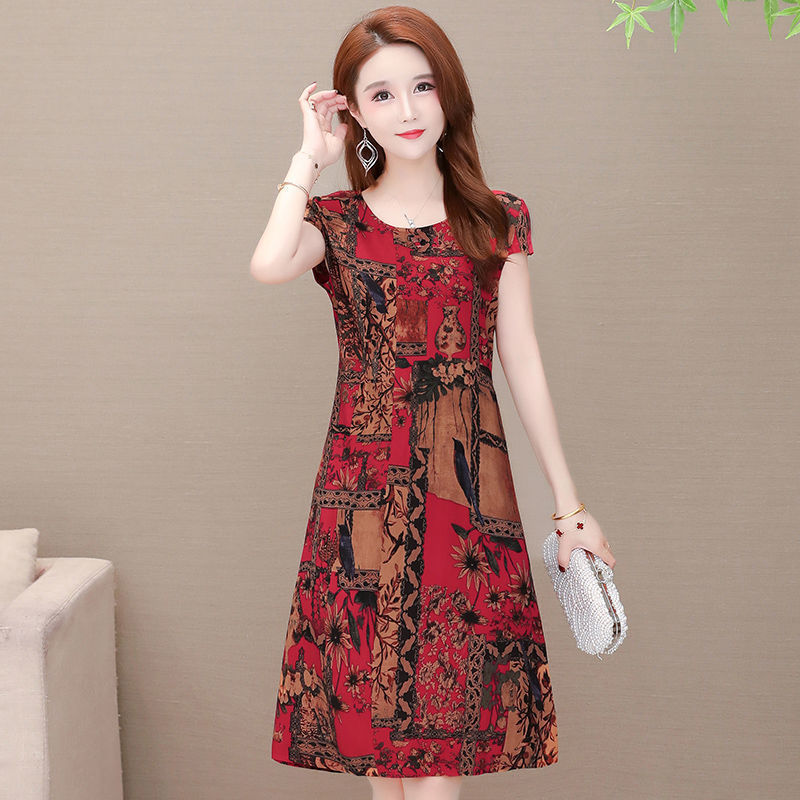 Noil Poplin Dress Middle-Aged and Elderly Summer New Cotton Silk Large Size Dress Mother Wear Printed Skirt Floral Loose