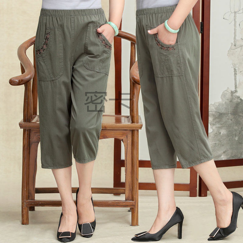 mk中老年七分裤纯棉高腰中年女裤子夏季外穿宽松妈妈夏天休闲裤薄