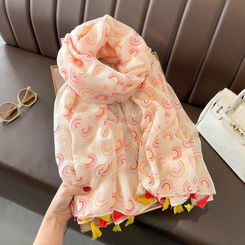 Summer Rainbow Thin Cotton and Linen Feel Scarf Women's Scarf Shawl Dual-Use Air-Conditioned Room Warm Scarf Tassel Pendant
