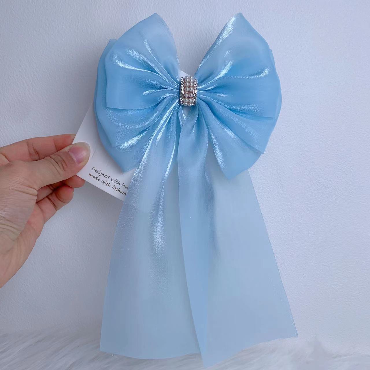 春夏新款儿童镭射大蝴蝶结飘带发夹女生长发后脑勺夹子女孩子飘带