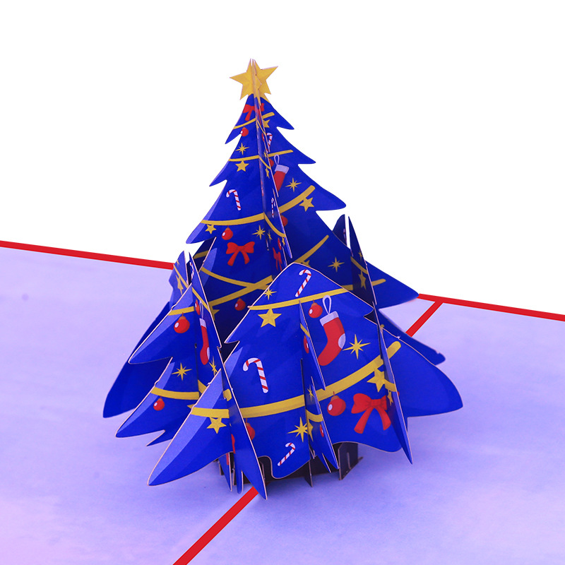厂家供应彩印立体圣诞贺卡蓝色圣诞树弹出式卡片跨境圣诞节日贺卡