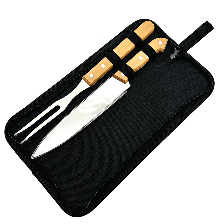 Wooden Handle Grill Suit Outdoor Picnic Stainless Steel Knife Fork Clip Brush Sweep Amazon BBQ Tools Cloth Bag