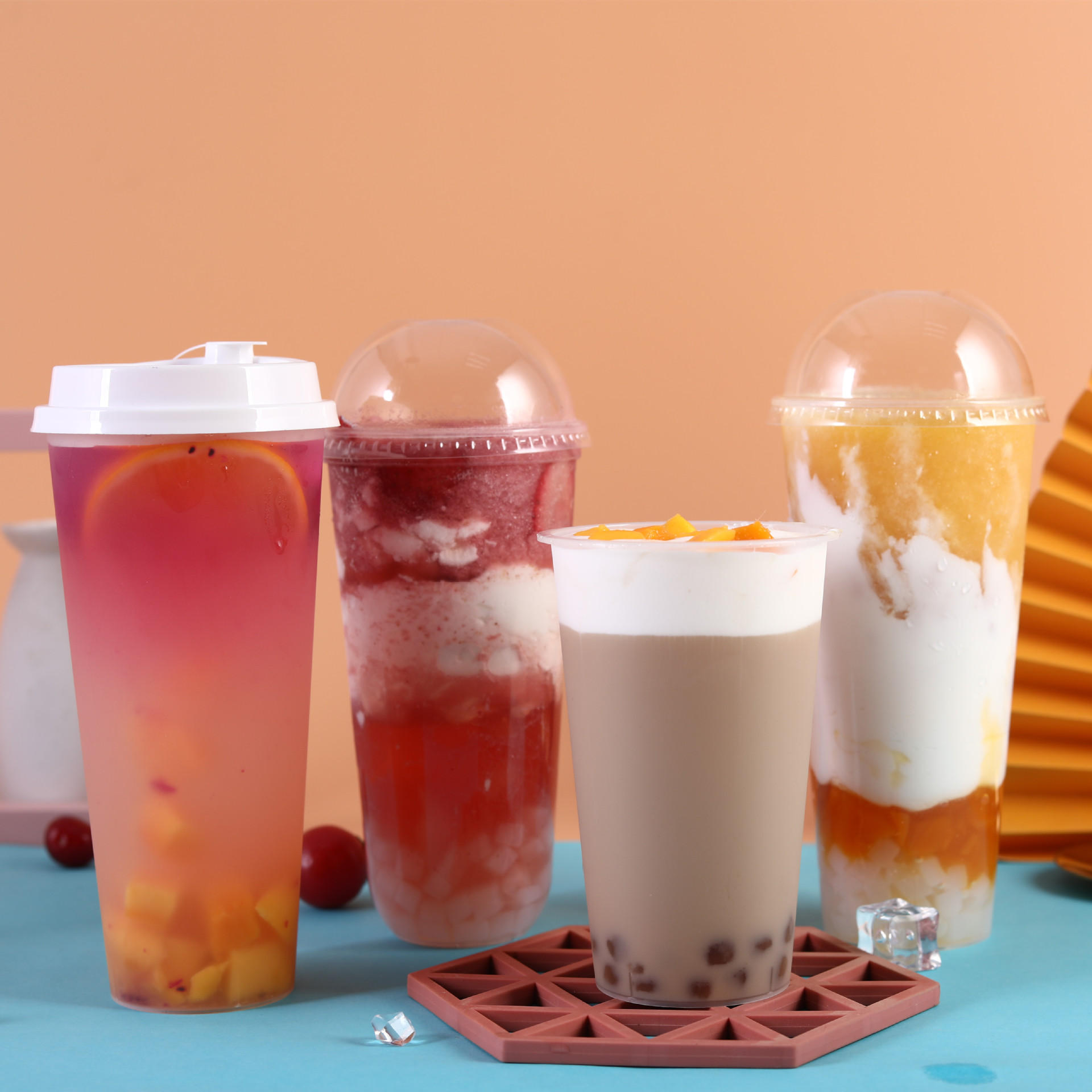 现货一次性90口径磨砂奶茶果汁布丁注塑杯加厚打包杯