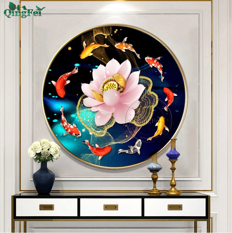 青飞精准印布5d立体浮雕荷花九鱼图十字绣圆形手工线绣客厅卧室