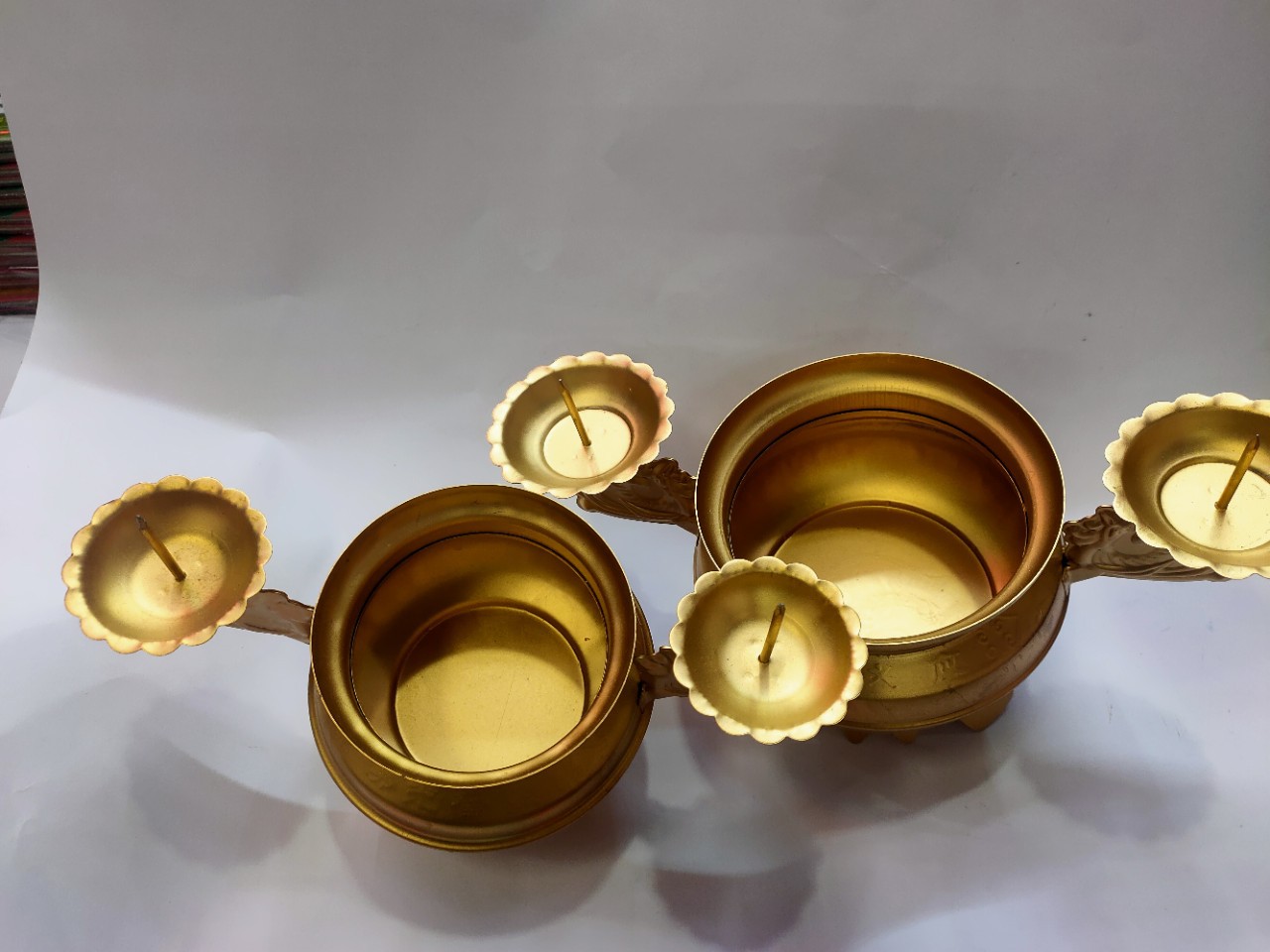 批发佛教用品两用铁皮香炉佛堂供具带烛台进香炉 镀金