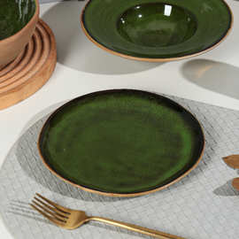 山野风陶瓷平盘日式西餐餐盘粗陶异形盘子跨境酒店粗陶布纹圆盘