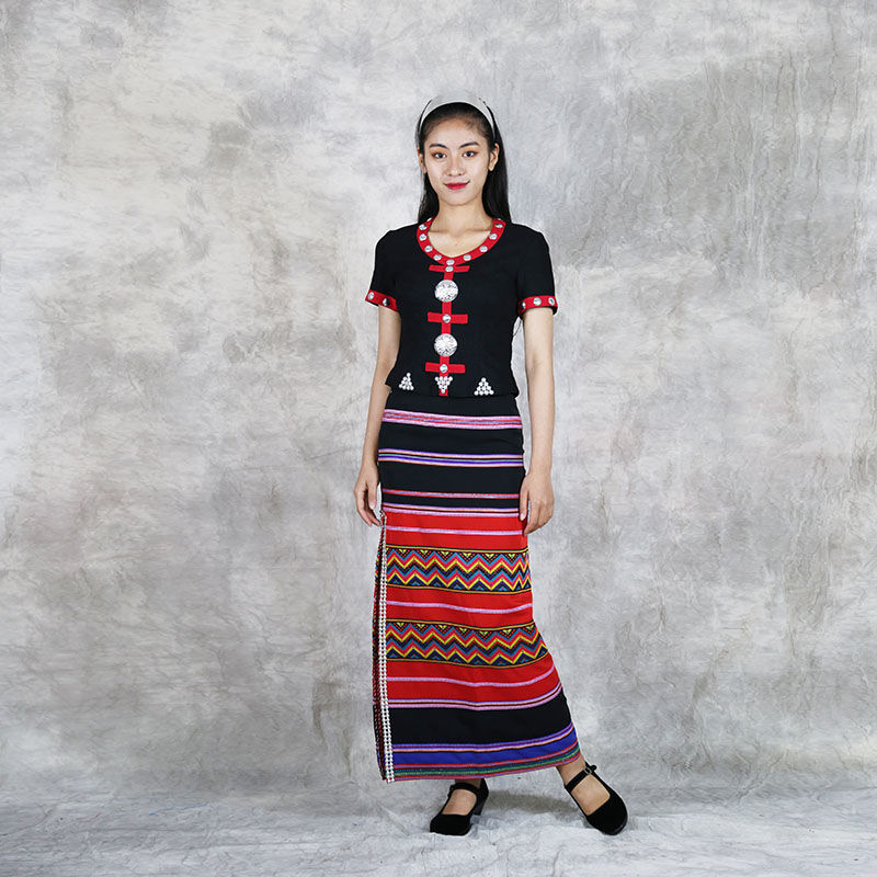 云南佤族少数民族特色服装女民族风棉麻修身开衩包臀黑色生活套装