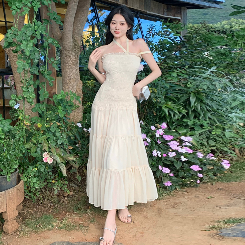 0569欧美跨境外贸女装批发挂脖抹胸法式仙气飘逸纯欲大摆连衣裙女