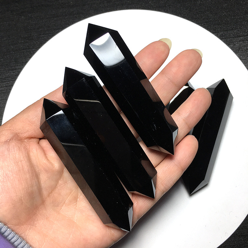 黑曜石六棱柱取材大自然摆件双尖水晶柱能量矿石原石饰物批发