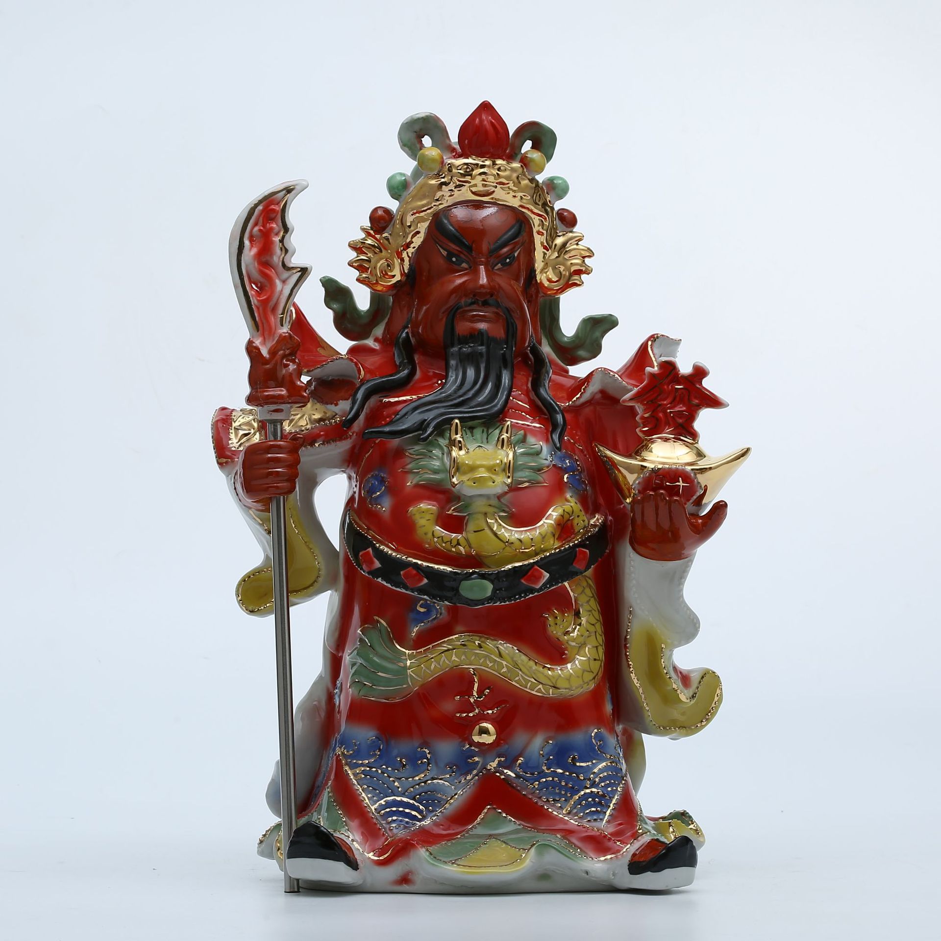 陶瓷·佛像五彩红衣描金立刀关公武财神工艺品家居摆件