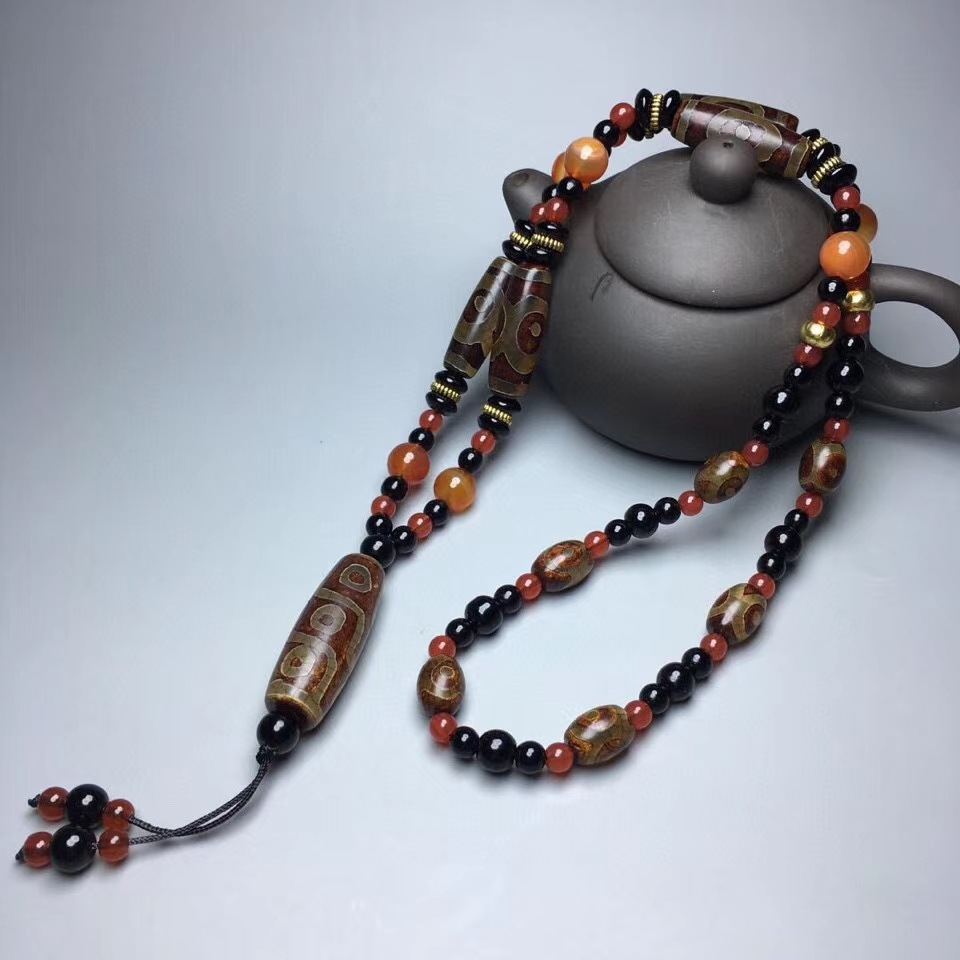 西藏玛瑙天珠项链咖啡色绿色九眼天珠项链时尚编织直播货源批发