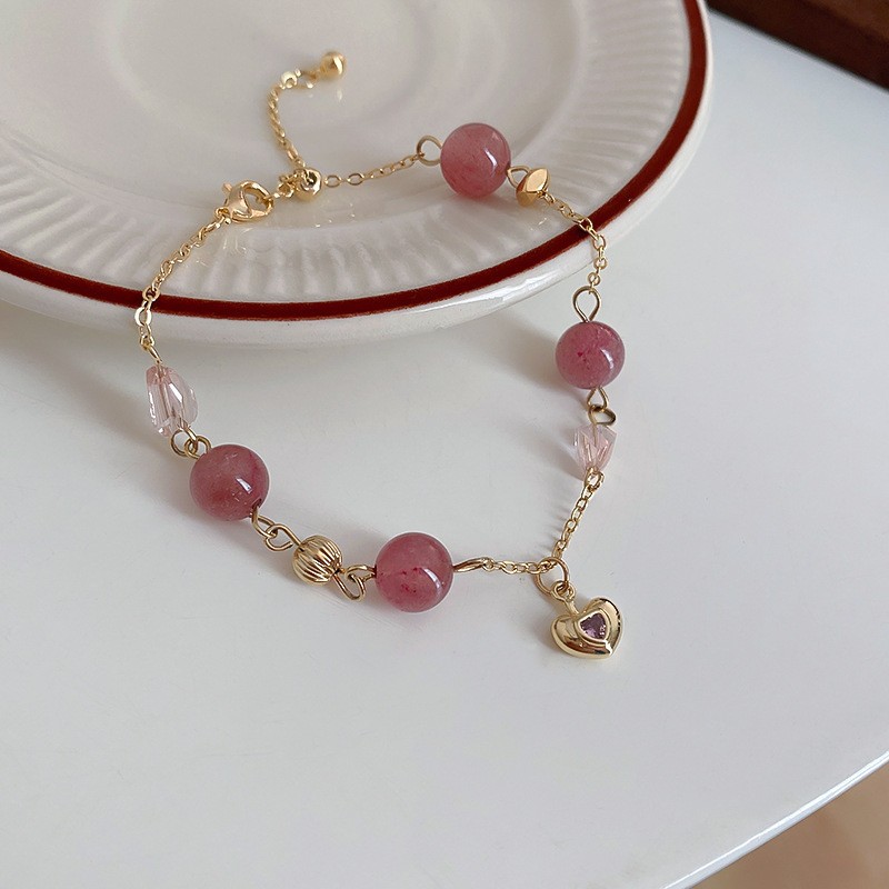 Xiaohongshu Same Style Strawberry Quartz Crystal Heart Bracelet Korean Fashion Ins Temperament Bracelet Girlfriends Bracelet Wholesale