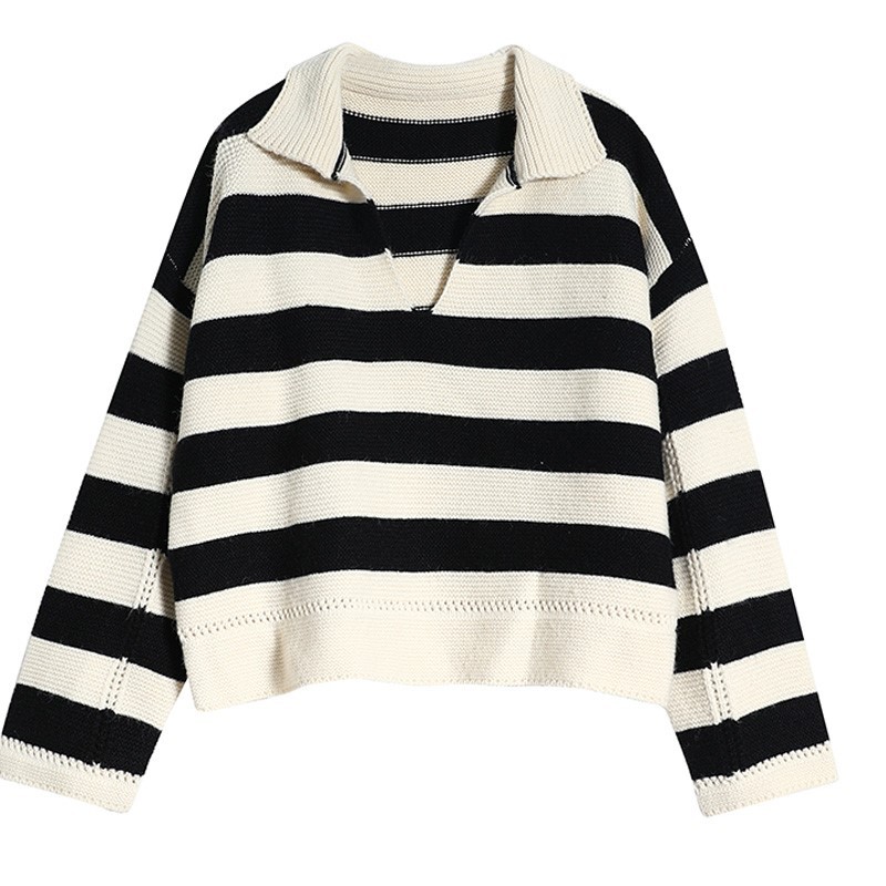复古黑白条纹v领针织衫女早秋设计感慵懒风宽松长袖毛衣套头上衣