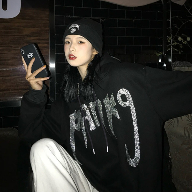 卫衣女2021新款春秋韩版ins嘻哈烫钻黑色宽松学生连帽长袖外套潮