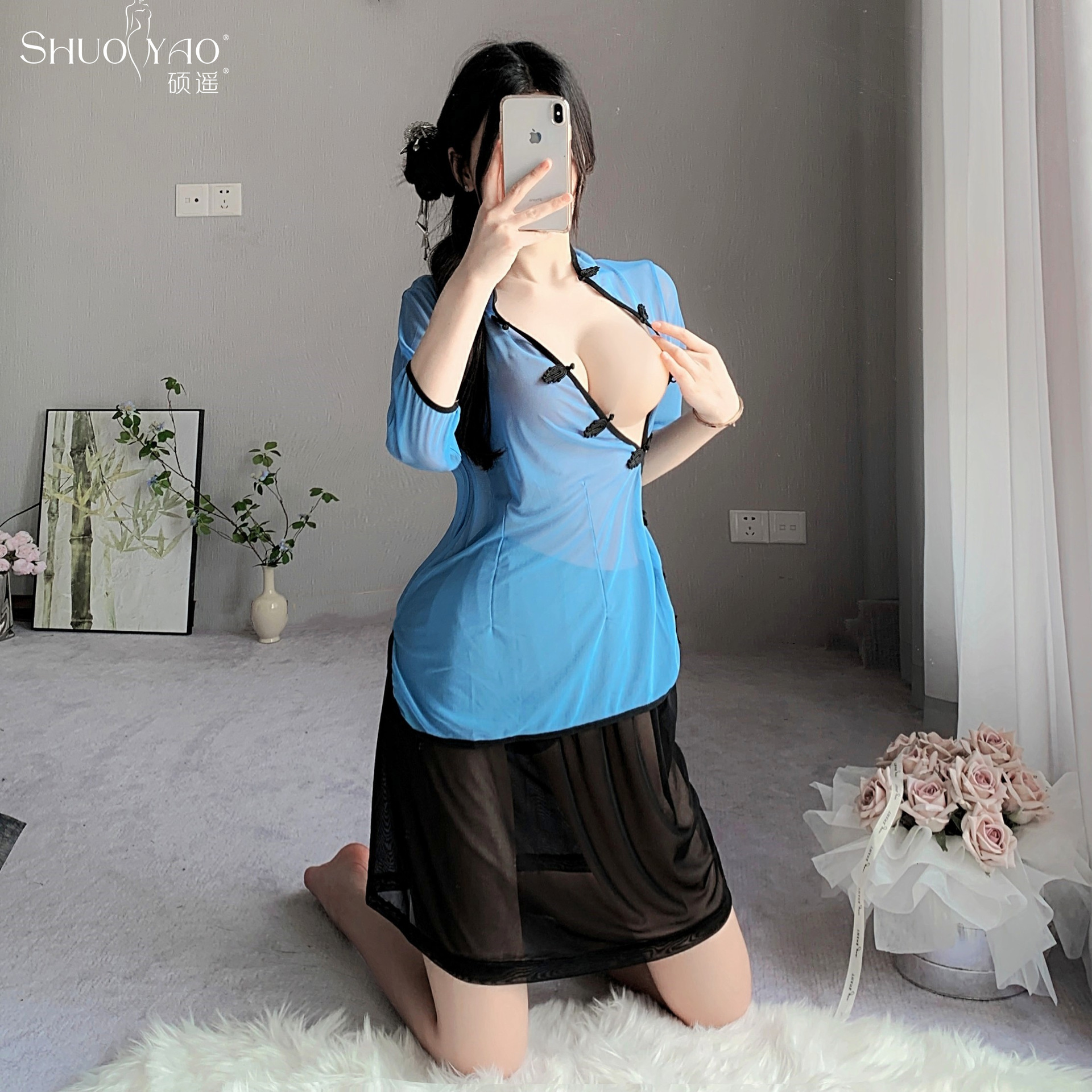 Sexy Lingerie Women's See-through Side Fork Uniform Republic of China Style Student Short Skirt Sexy Cheongsam Nightdress Apron Combination