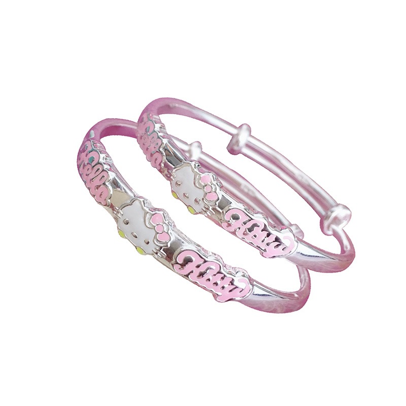 Online Best-Selling Product White Copper Silver Plated Hello Kitty Children's Bracelet Solid Push-Pull Girl Middle Child Princess Bracelet Holiday Gift