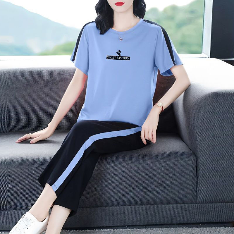 妈妈纯棉休闲运动服套装女24夏季新款显瘦大码中年跑步服两件套