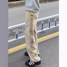 卡其色条纹裤子男夏季美式工装裤直筒休闲hiphop三条杠速干运动裤
