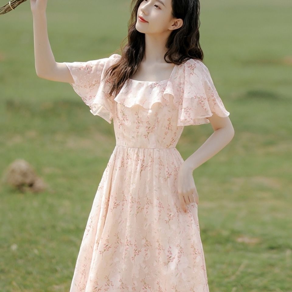 小清新甜美仙女裙超仙法式初恋方领雪纺碎花连衣裙女夏2022年新款