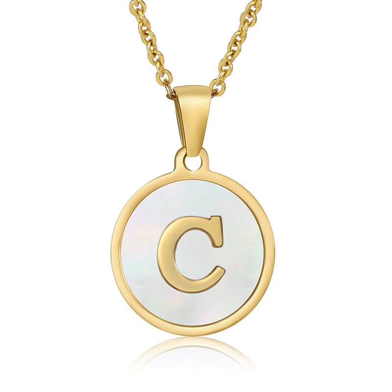 Cross-Border European and American Stainless Steel round Shell Letter Necklace Female 18K Gold Titanium Steel 26 English Letter Pendant