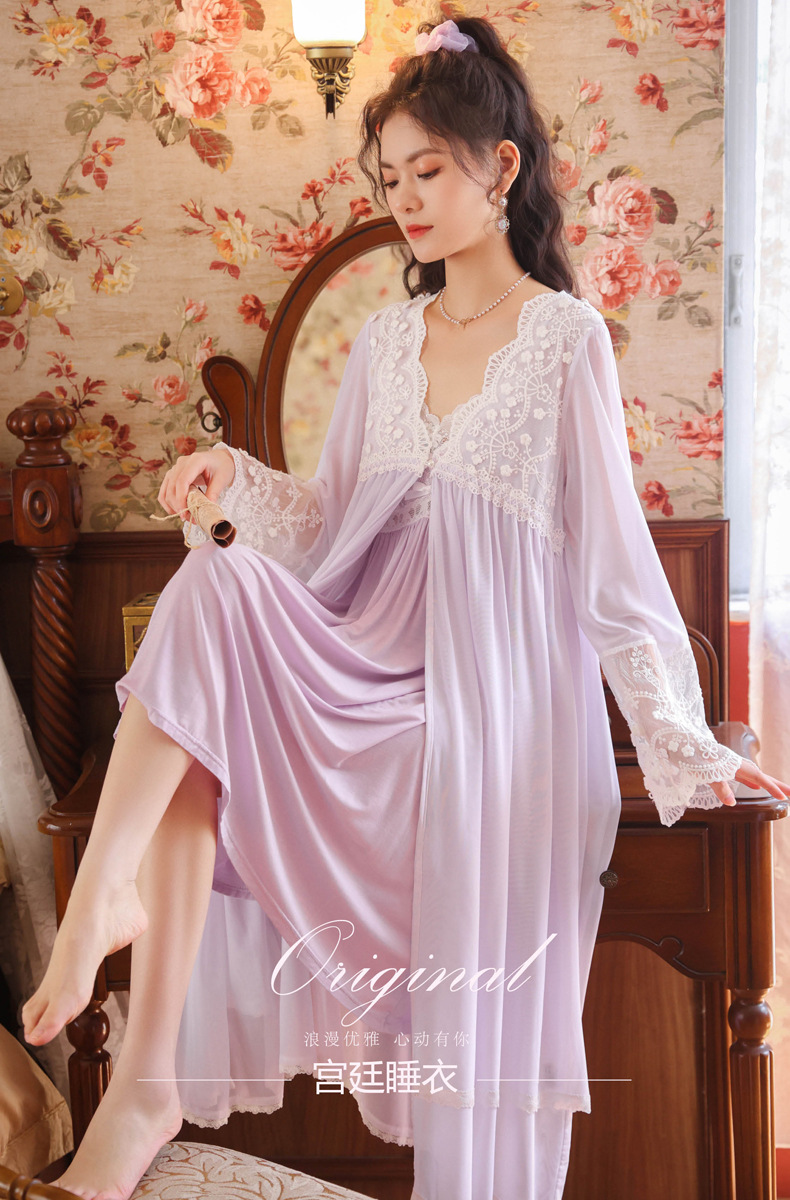 长袖睡袍套装女秋莫代尔吊带睡裙公主家居服宫廷风睡衣两件套春冬